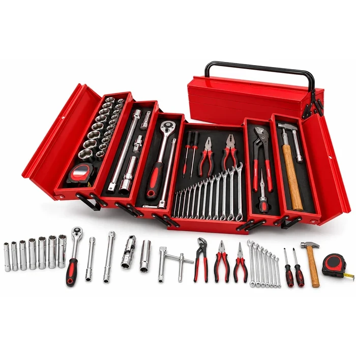 Baum 46-Piece Half Inch Drive Metric Socket And Master Mechanic Hand Tool Set In 5-Compartment Cantilever Metal Box Art-B20