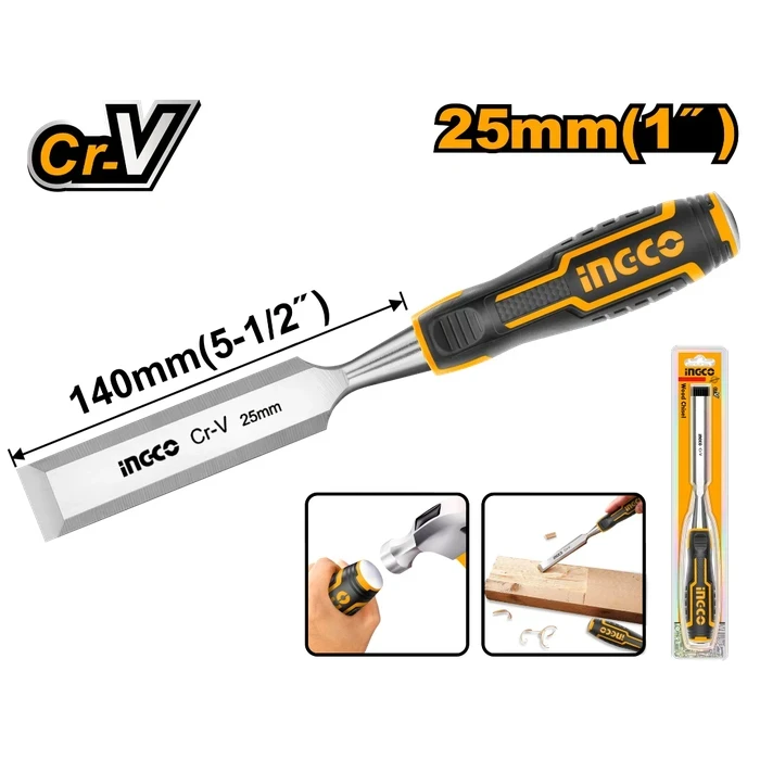 INGCO 25mm (1") Professional Wood Chisel | Heavy-Duty Chromium-Vanadium Cr-V Carbon Alloy Steel Carpentry Joinery Tool with 140mm Blade Length | HWC0825