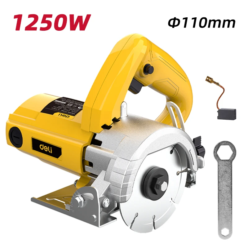 Deli 1250W 110mm Professional Marble Cutter (13,500 RPM) | Heavy-Duty 0–45° Bevel Stone & Tile Cutting Machine with 33mm Max Depth (Yellow) | EDL-YS110-E1