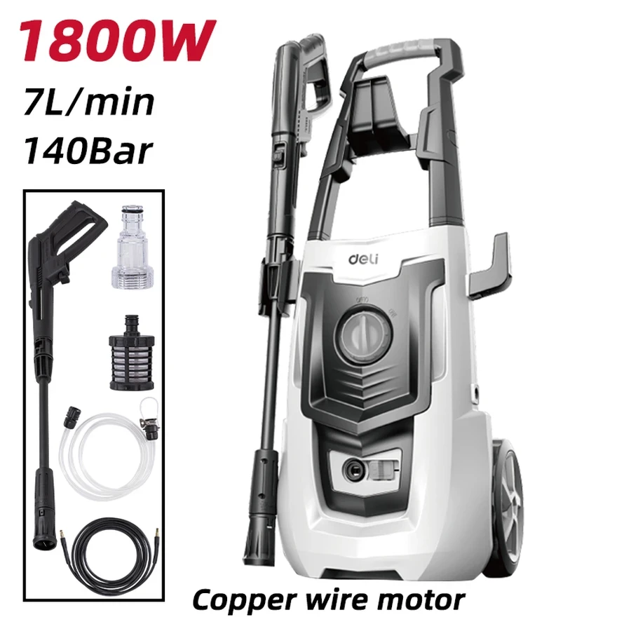 Deli 1800W Semi-Pro 140 Bar High Pressure Washer | 7.0 L/min Flow Rate IPX5 Waterproof Auto-Stop Jet Cleaner with Heavy-Duty Spray Gun (White) | EDL882103