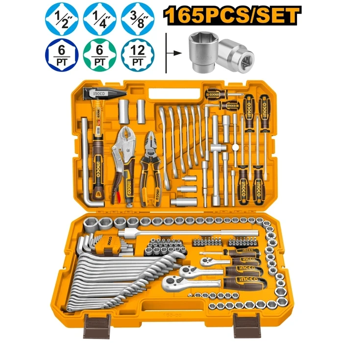 INGCO 165 Pcs Master Combination Tool Set (1/4", 3/8", 1/2" Sockets, 72T Ratchets, Spanners, Flare Wrenches & BMC) | HKTHP51658