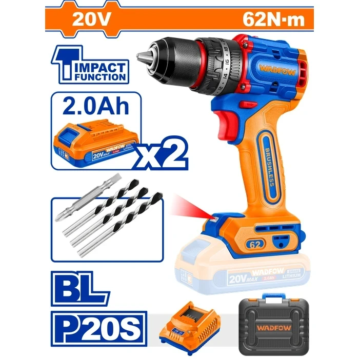 Wadfow 20V Cordless Brushless Impact Drill Set with 2x 2.0Ah Batteries & Charger | 62Nm High-Torque 13mm Metal Chuck 30000bpm Hammer Drill | WCDP6281