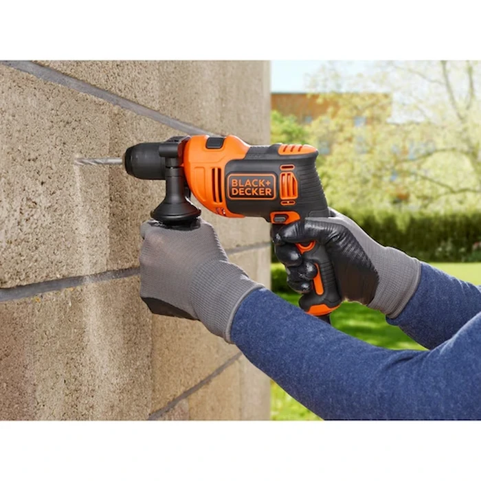 BLACK+DECKER 710W 13mm Corded Variable Speed Hammer Drill | 47,600 BPM Percussion with Keyless Spindle Lock Chuck, Side Handle & Kit Box | BEH710K-GB