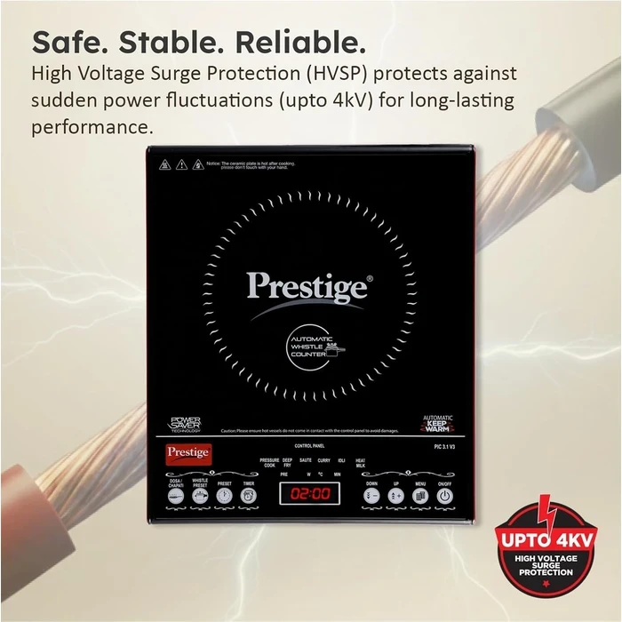 Prestige PIC 3.1 V3 2000W Induction Cooktop with Automatic Whistle Counter & Keep Warm Function | Touch Control Portable Countertop Stove - Model 41944