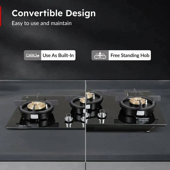 Prestige Svachh Efficia Liftable Toughened Glass Top Auto Ignition Gas Hob (2 Burner / 3 Burner) | Dual Use Freestanding & Built-in Kitchen Hobtop - Model 40595 / 40596