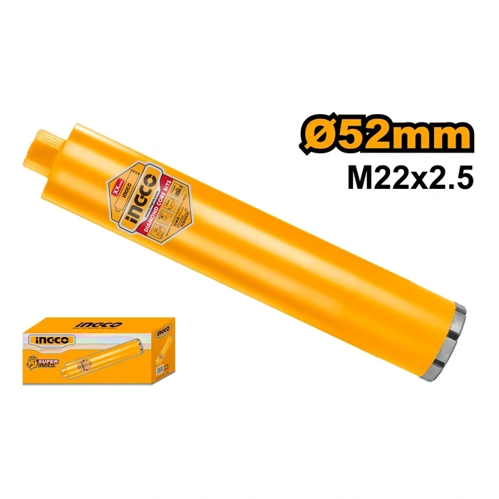 INGCO 52mm x 450mm Laser Welded Diamond Core Bit | Wet Type Concrete Core Drill Barrel with M22 x 2.5 Adapter Special for Cutting Concrete with Rebar | DCB580528