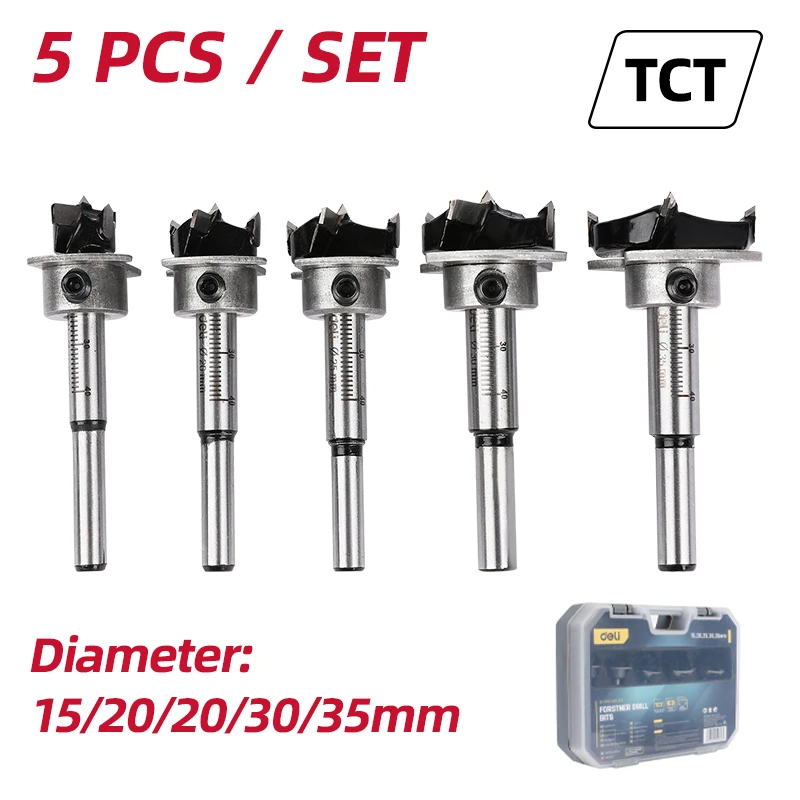 Deli 5-Piece Professional TCT Forstner Drill Bit Set (15/20/25/30/35mm) | Tungsten Carbide Woodworking Hole Cutters with Adjustable Depth Limiters | EDH-MKK005-ED1