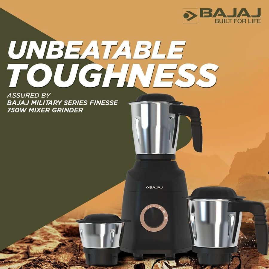 Bajaj Military Series Finesse 750W Mixer Grinder | Stainless Steel Jars & Portable Design | Midnight Black & Copper | 410592
