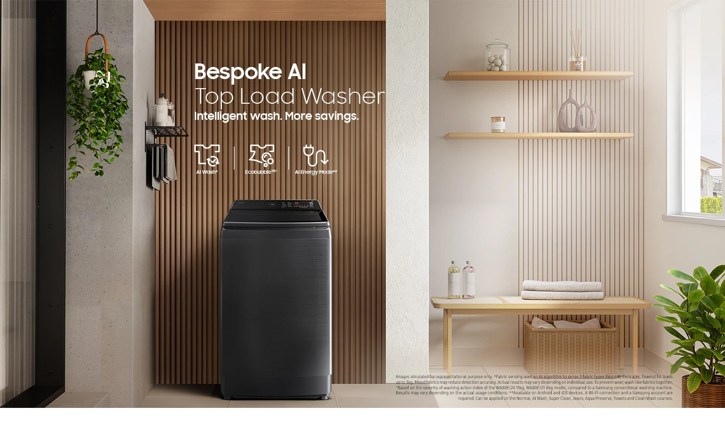 Samsung 8KG Bespoke AI Top Load Washing Machine | Intelligent AI Wash Sensors & SmartThings Wi-Fi App Control | EcoBubble™ & 29-Min Super Speed | 1200 RPM Black Caviar | WA80F08S2BIM