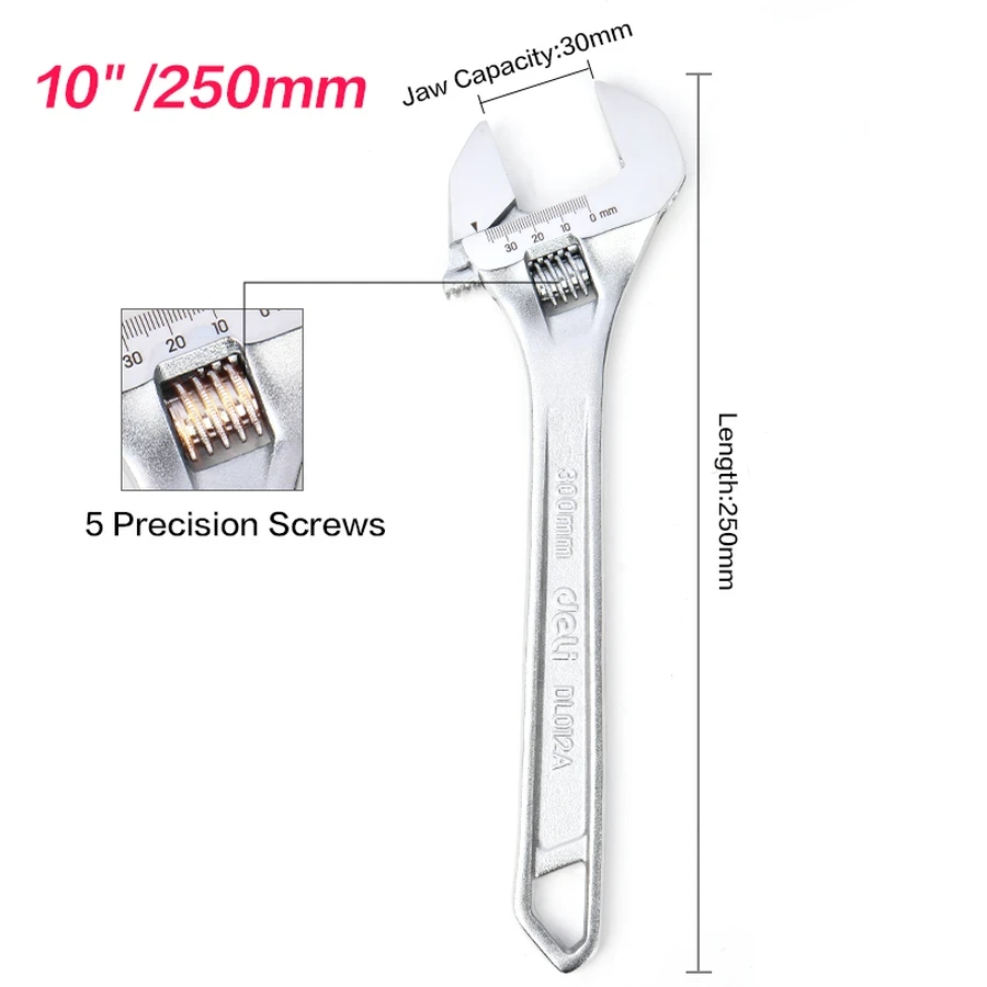 Deli 10" (250mm) Professional Adjustable Spanner Wrench | Drop-Forged Carbon Steel with Laser-Etched Metric Scale & Chrome Plating (Silver) | EDL010A