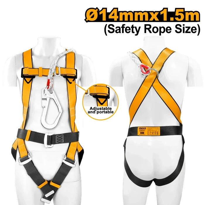 INGCO Full Body Fall Protection Safety Harness | Heavy-Duty High-Strength Polyester Harness with 1 Dorsal D-Ring & 14mm x 1.5m Safety Rope | HSH501415