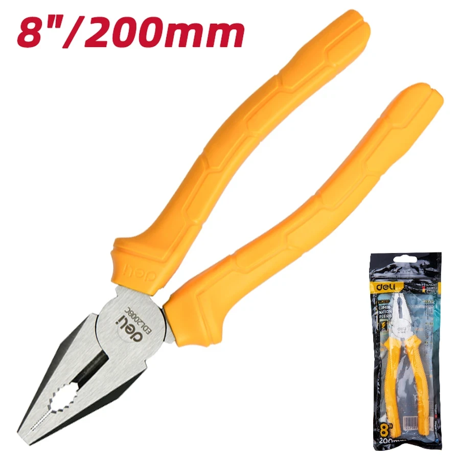 Deli 200mm (8") Semi-Pro Series Combination Pliers | Multi-Functional High-Carbon Steel Gripping & Cutting Tool with Ergonomic Yellow Handle | EDL2008C