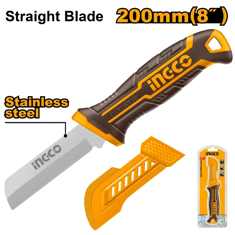 INGCO 200mm Professional Cable Stripping Knife with Stainless Steel Curved Sickle Blade & Safety Guide Tip | HPK82101