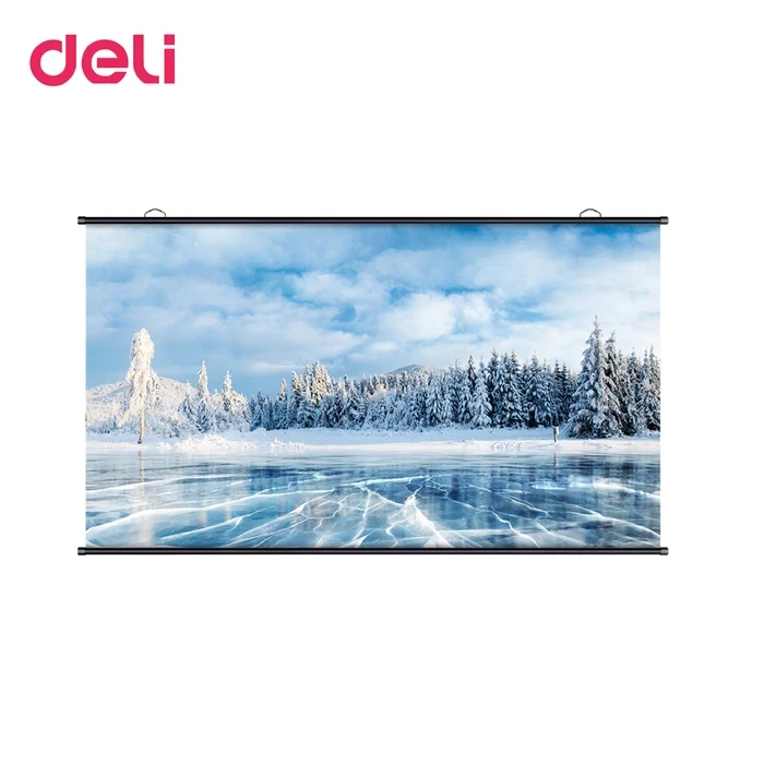Deli 100" 16:9 HD Manual Pull-Down Projection Screen | Matte White Fabric with 150° Wide Viewing Angle & Self-Lock System | Wall & Ceiling Mountable Design | E50448-EU