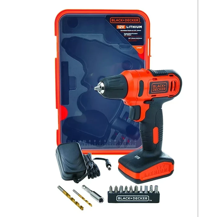 BLACK+DECKER 12V Cordless Drill Driver Kit with Integrated Battery, LED Work Light & 13-Piece Bit Set | Single Gear Variable Speed Compact Screwdriver | LD12SP-B5