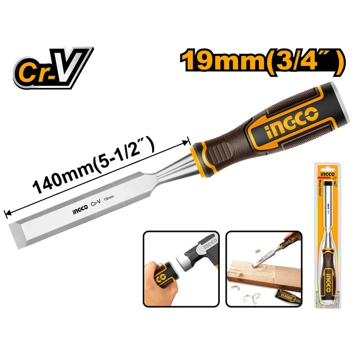 INGCO 19mm (3/4") Professional Wood Chisel | Heavy-Duty Chromium-Vanadium Cr-V Carbon Alloy Steel Carpentry Joinery Tool with 140mm Blade Length | HWC0819
