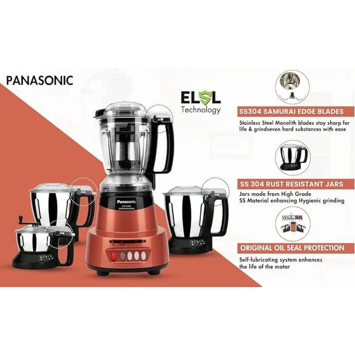 Panasonic 600W Elements Mixer Grinder with 3 Stainless Steel Jars & 1 Juicer Jar | Safety Lock Overload Protection | Wet Dry Blending Chutney Grinding Quartz Yellow/Rustic Red/Sunstone Orange/Charcoal