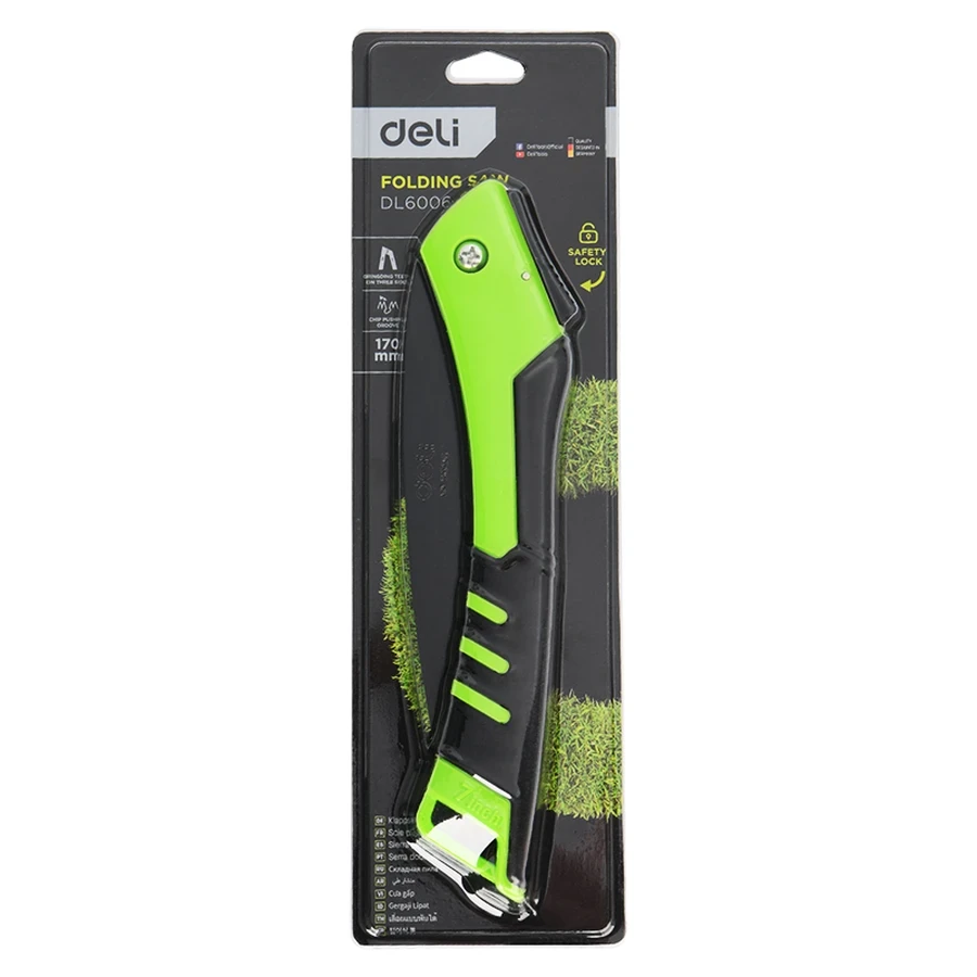 Deli Heavy-Duty Folding Saw 180mm (7") 65Mn Steel Blade with Triple-Ground Quenched Teeth & Safety Lock for Pruning & Camping (Green) | EDL6006