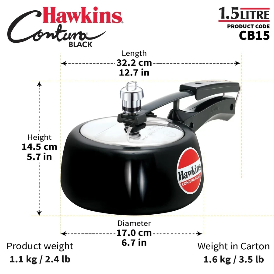 Hawkins Contura Black Pressure Cooker | Hard Anodised Body | Stainless Steel Lid | Rapid Heating Black Base | 1.5L to 5L