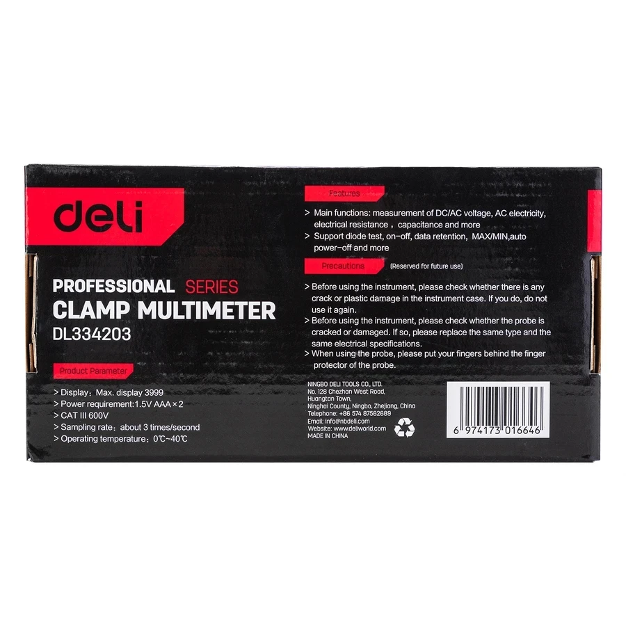 Deli Digital Clamp Multimeter CAT III 600V Auto Ranging 25mm Jaw Clamp for AC/DC Voltage, AC Current & Resistance with Backlight & Data Hold (Red) | EDL334203