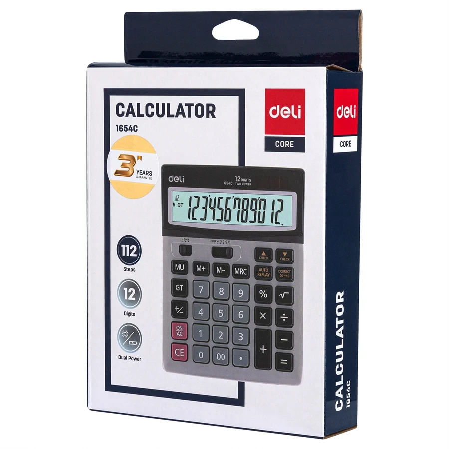 Deli 12-Digit Professional Desktop Calculator | Full Metal Body, Dual Power (Dual Force), Big Angled LCD Screen (Silver) | E1654C