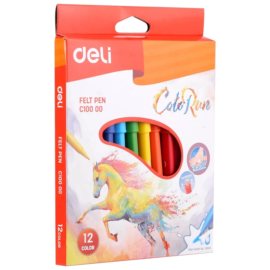 Deli 12-Color School Coloring Felt Pens | 2.0mm Fiber Tip | Washable & Low-Odor | EC10000