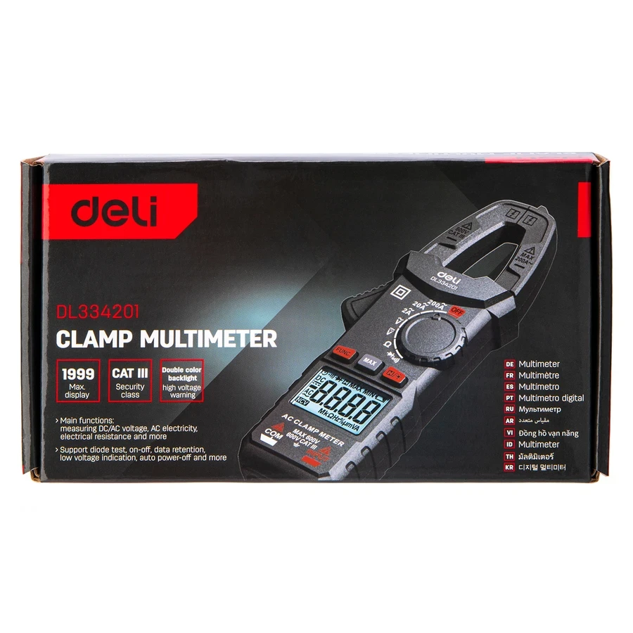 Deli Digital Clamp Multimeter 3 5/6 CAT III 600V Auto Ranging 25mm Clamp Size for AC/DC Voltage, AC Current & Resistance with Backlight & Data Hold (Red) | EDL334201