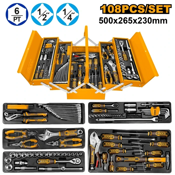 INGCO 108 Pcs Professional Tool Chest Set | Complete 1/2" & 1/4" Socket, Spanner, Pliers, and Screwdriver Mechanical Workshop Storage Kit | HTCS151081
