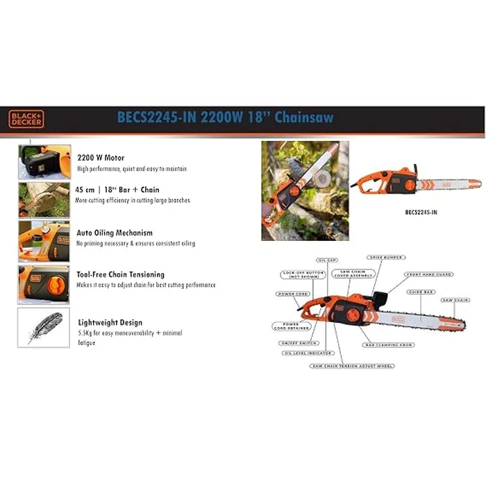 BLACK+DECKER 2200W 45cm (18") Corded Electric Chainsaw | Tool-Free Chain Tensioning & Auto-Oiling Safety Brake Log Cutter | BECS2245-IN