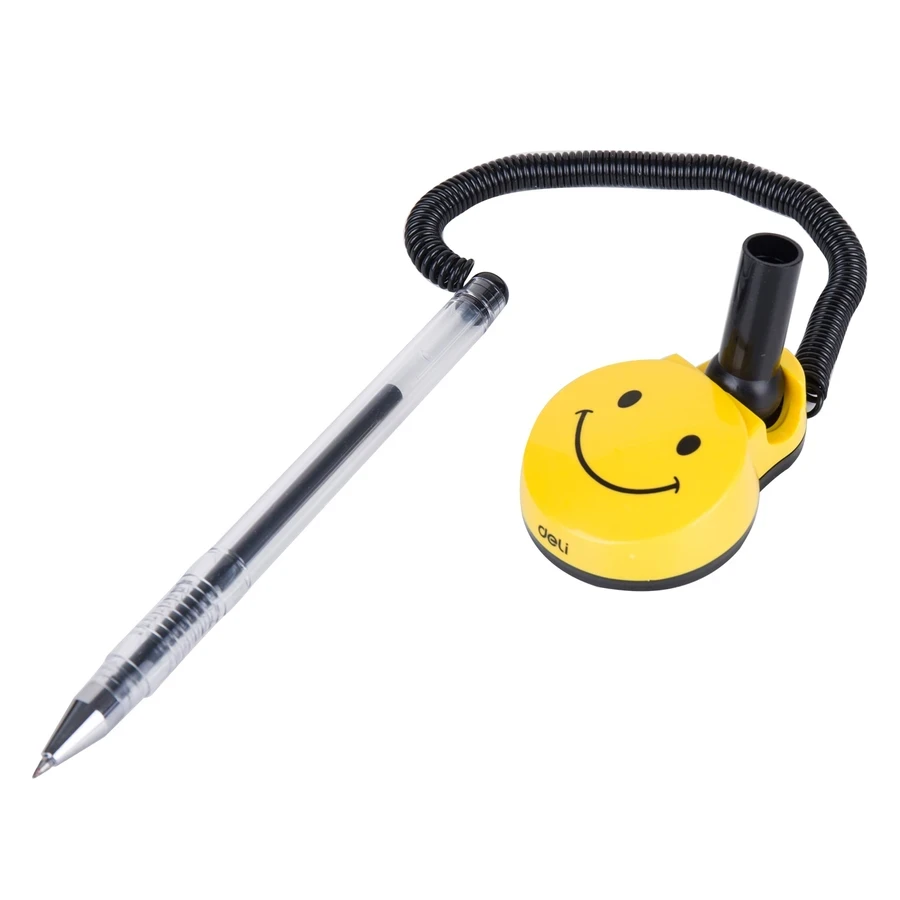 Deli Countertop Desk Pen Stand with Tethered Black Pen | Weighted Adhesive Base, 0.5mm Fine Bullet Tip for Reception & Banking Counters | E6793