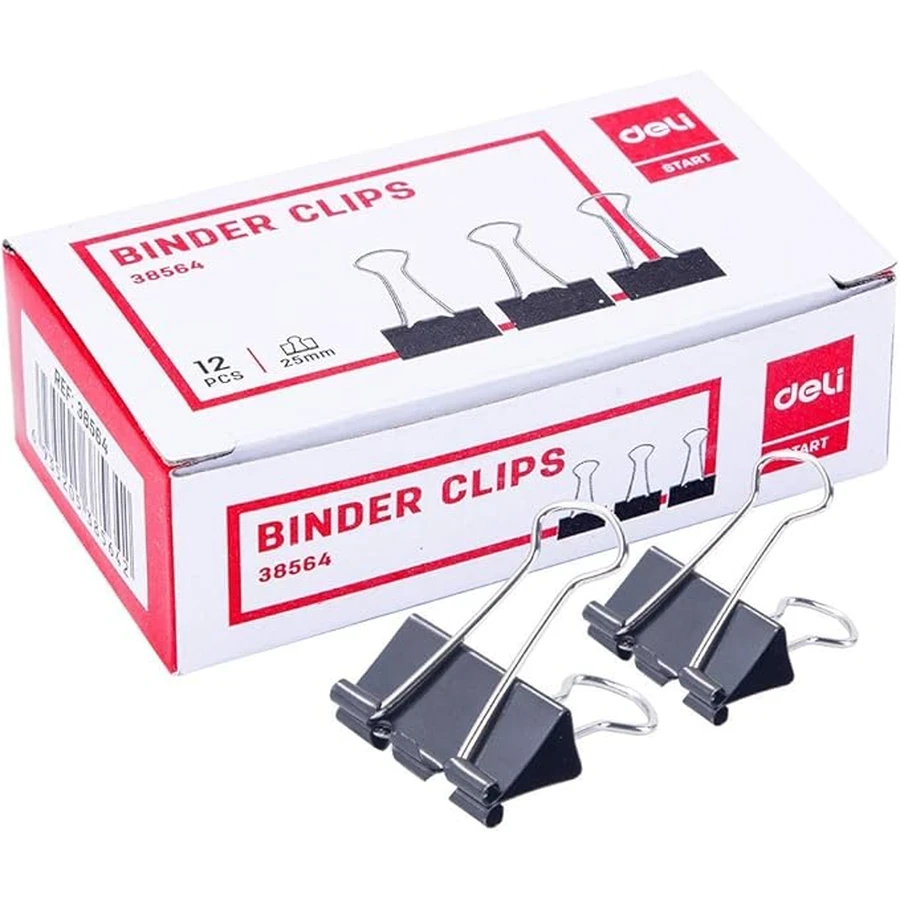 Deli 25mm (1") Standard Spring Steel Binder Clips (12-Piece Pack) | Heavy-Duty Metal Paper Clamps with Foldable Handles (Black) | E38564