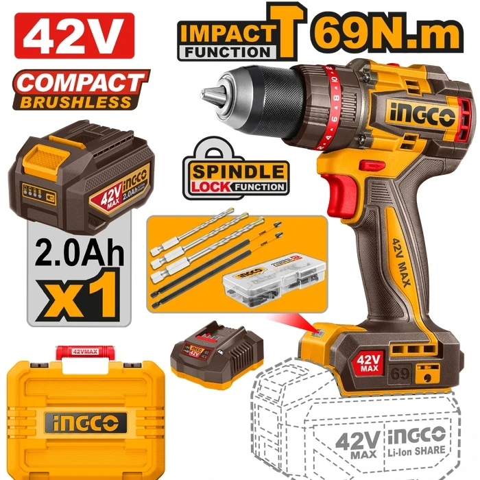 INGCO 42V Compact Cordless Brushless Impact Drill | 69Nm Torque 2-Speed Hammer Drill with 13mm Metal Chuck, 2.0Ah Battery, Charger, and 47-Piece Master Accessory Set | CIDLI426981