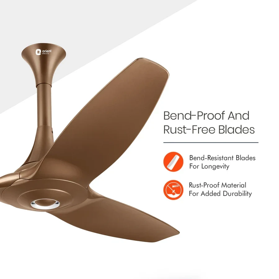 Orient Aeroquiet 1200mm (1230mm) Ultra-Quiet High-Airflow Ceiling Fan | 240 CMM Air Delivery Aerodynamic 3-Blade Modern Ceiling Fan in Caramel Brown & White  | Aeroquiet