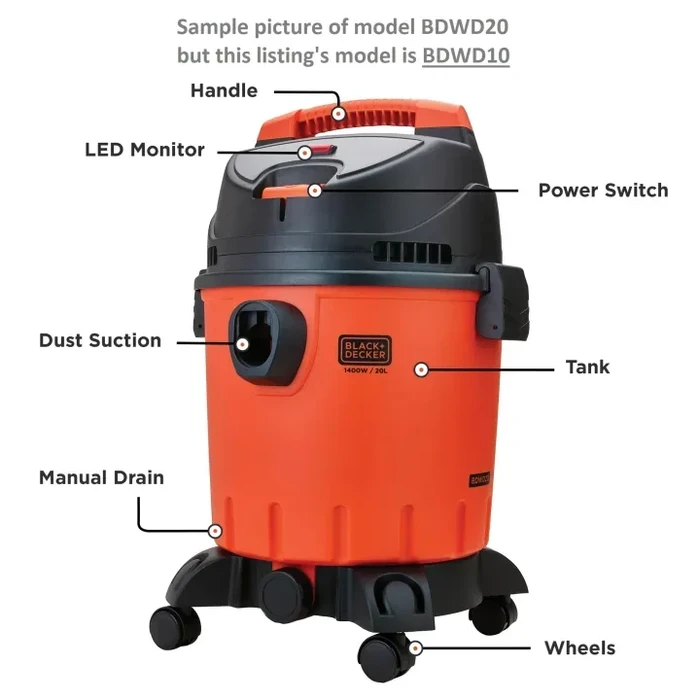 BLACK+DECKER 10-Litre 1200W Wet & Dry Vacuum Cleaner with Blower Function | 16 kPa Suction HEPA Filter & Multi-Floor Nozzles | WDBD10
