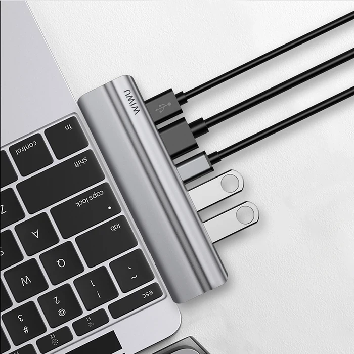 WIWU Alpha 8-in-1 USB-C Hub | Dual HDMI & Thunderbolt-3 5K Matrix | SD/TF Card Reader Logic | Grey | Alpha 521H