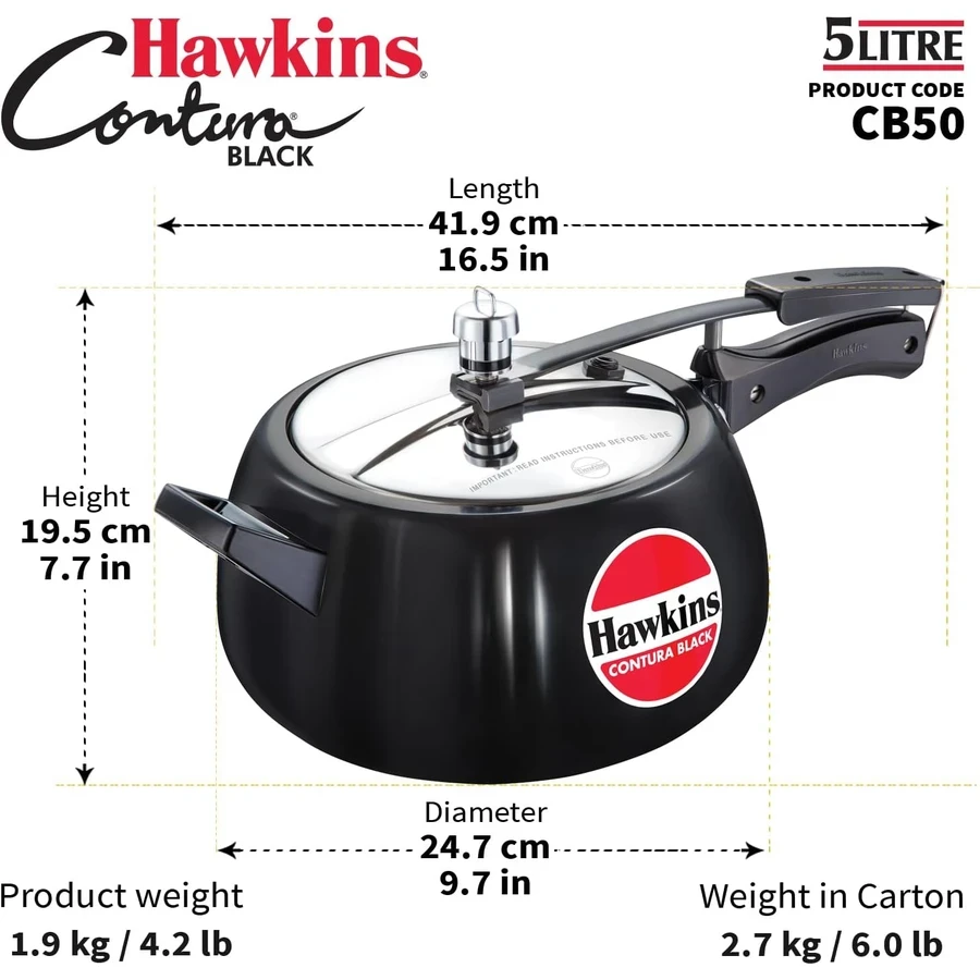 Hawkins Contura Black Pressure Cooker | Hard Anodised Body | Stainless Steel Lid | Rapid Heating Black Base | 1.5L to 5L