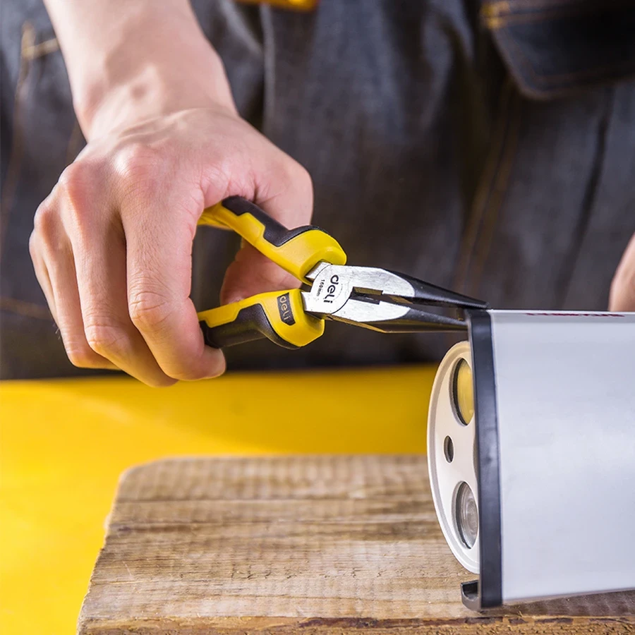 Deli 6" Professional Forged 55# Carbon Steel Long Nose Pliers | Heavy-Duty 54-62 HRC Cutting Edge Precision Needle Nose Tool with Dual-Color Grip | EDL2106 (Yellow/Black)