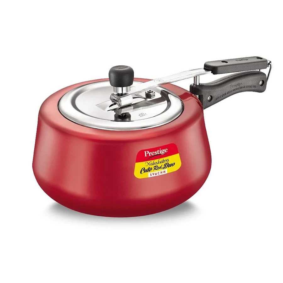 Prestige Nakshatra Svachh Cute Metallic Red Duo 2L Pressure Cooker with Deep Dish Spillage Control Lid & Gas-Induction Duo Base - 10764