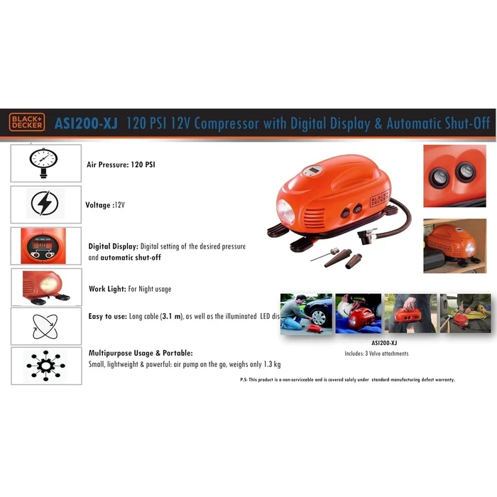 BLACK+DECKER 12V Multi-Purpose Digital Air Inflator | 8.27 Bar (120 PSI) Auto Shut-Off Portable Car & Bike Tire Pump | ASI200-XJ