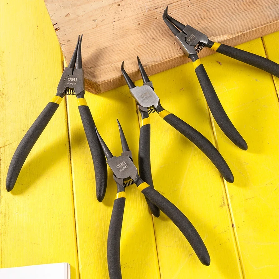 Deli 7" Professional 4-Piece Circlip Pliers Set | Drop-Forged 40Cr Steel Internal & External Snap Ring Pliers with Anti-Slip Grips | EDL104407 (Yellow/Black)