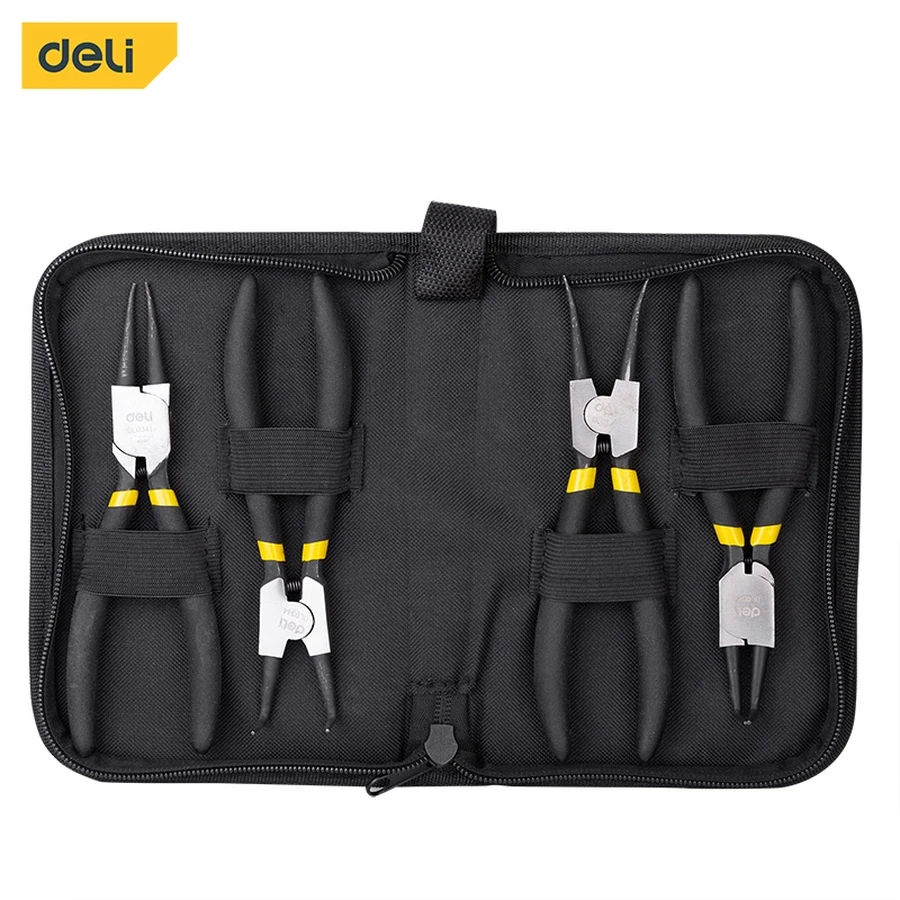 Deli 7" Professional 4-Piece Circlip Pliers Set | Drop-Forged 40Cr Steel Internal & External Snap Ring Pliers with Anti-Slip Grips | EDL104407 (Yellow/Black)