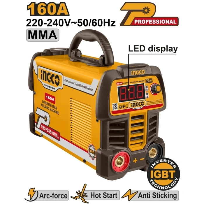 INGCO 160A IGBT Inverter MMA Stick Welding Machine (60% Duty Cycle, 15–160A, 72V OCV) with LED Display, Arc Force & Electrode Holder Kit | ING-MMA16069