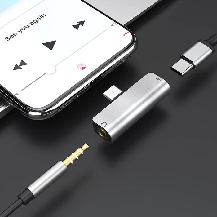 Type-C to 3.5mm Aux Audio Converter | 1.5A Pass-Through Charging Dual Splitter | Supports Microphone & Wire Volume Control Adaptive Hub | Silver | Ls26