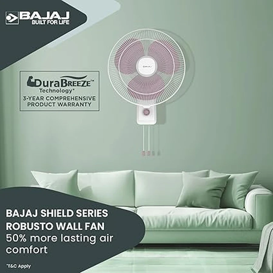 Bajaj Robusto 16" Wall Fan | High-Performance Shield Series Motor & 3 Aerodynamic Blades | Pull-Cord Regulation & Gloss Finish | Lavender & White | 252002