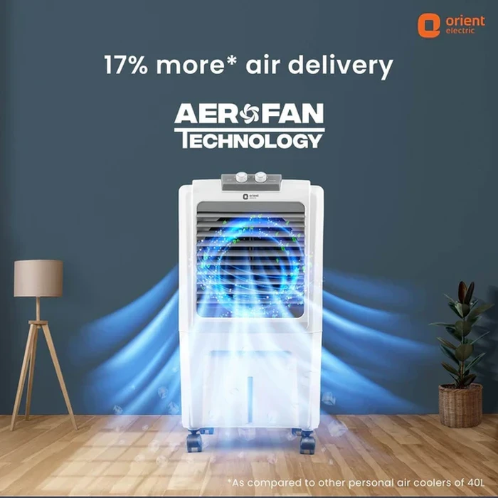 Orient Aerocool 40L Personal Air Cooler | 140W High-Speed 2-Pole Motor 12-Inch Fan | 2100 Cu.m./hr Air Delivery DenseNest Honeycomb Pads | CP4001H