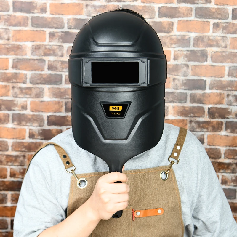 Deli Handheld Welding Mask (320x220x140mm) | High-Strength PP Face Shield with Integrated Ergonomic Handle & Tempered Glass Lens (Black) | EDL23900
