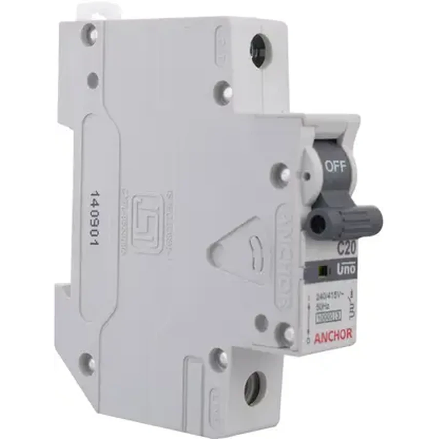 Anchor UNO SP MCB 20A 'C' Curve 98004 - Single Pole, 10kA Breaking Capacity, Standard Circuit Breaker for General Circuits