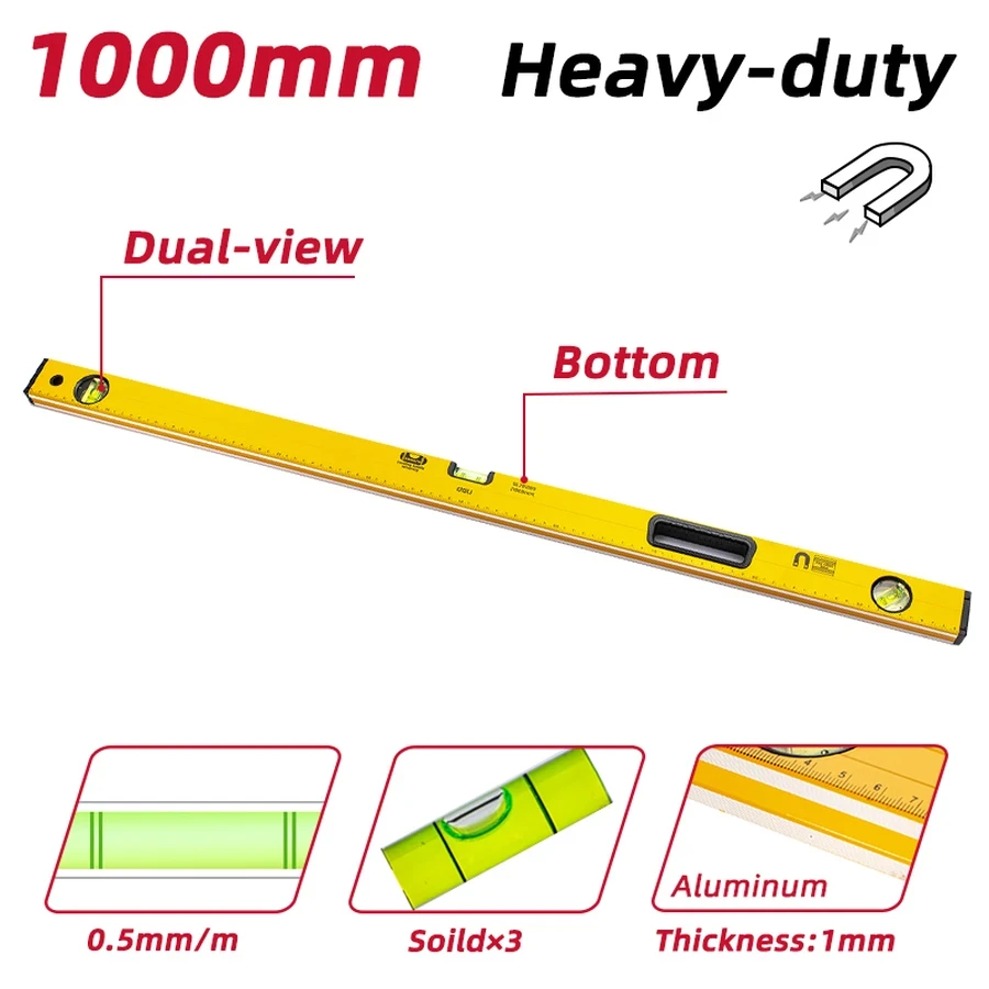 Deli 1000mm (40" / 1m) Professional Aluminum Spirit Level | Heavy-Duty 0.5mm/m High-Precision 3-in-1 Leveling Bar (Horizontal, Vertical, 45°) with CNC Base & Ruler Scale | EDL291000