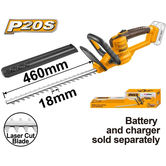 INGCO 20V Cordless Hedge Trimmer | 460mm Laser Cut Dual Action Blade | 2800spm High Speed Shrub & Branch Trimming Cutter | Max 18mm Cutting Diameter | Bare Unit CHTLI20018