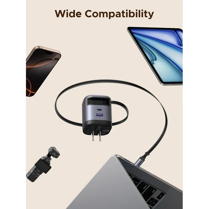 UGREEN 65W 3-Port GaN Fast Charger with Built-in 0.7M Retractable USB-C Cable | 65W PD 3.0, PPS & UFCS Multi-Device Wall Charger (2x USB-C & 1x USB-A) | UGREEN GaN Series